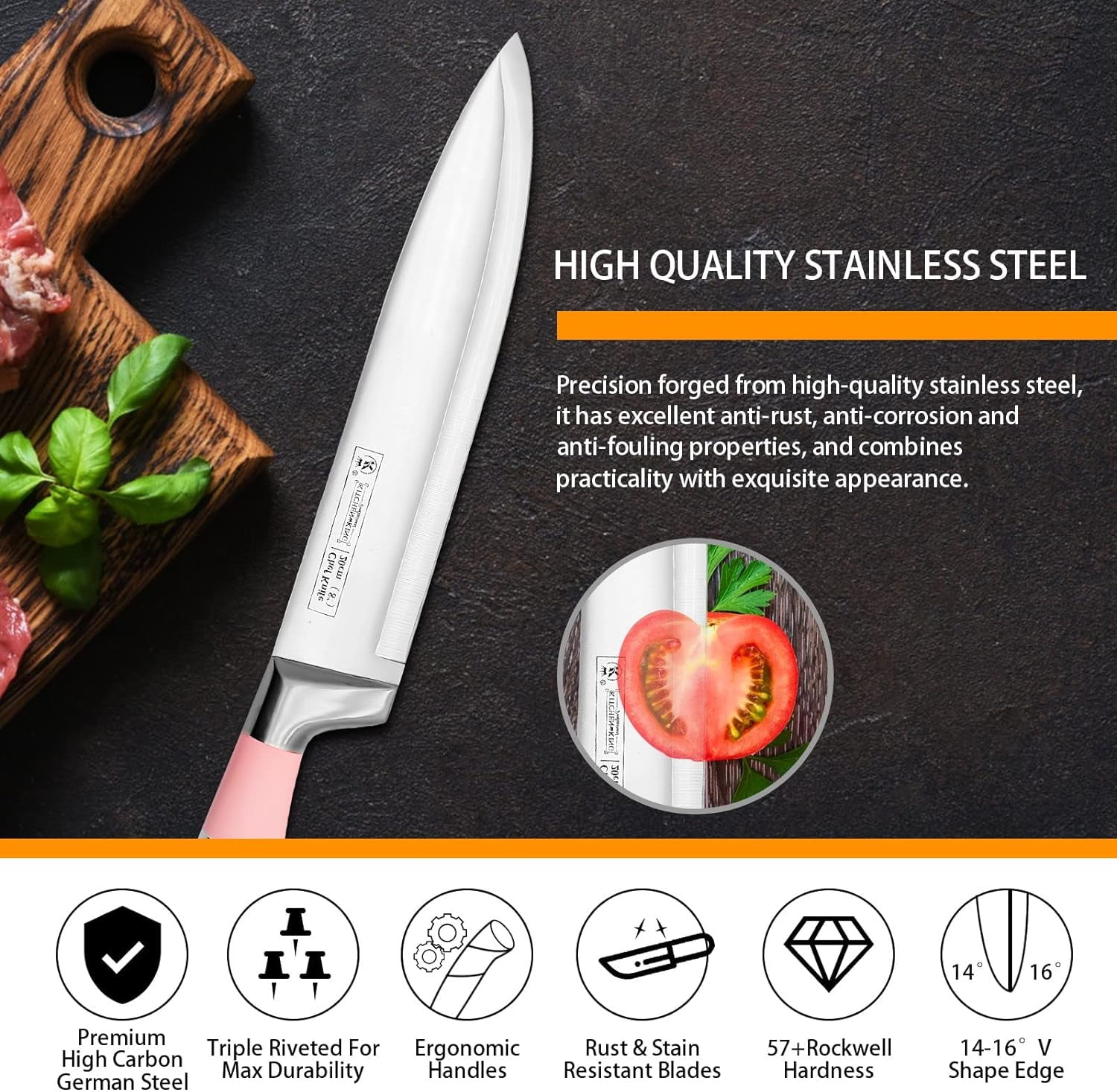 Kitchen Knife Set, 9-Pieces Pink Sharp Non-Stick Coated Chef Knives Block Set, Stainless Steel Knife Set for Kitchen with Sharpener for Cutting Slicing Dicing Chopping