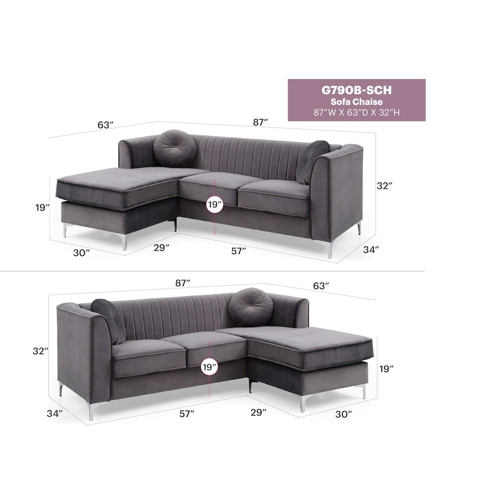 Glory Furniture Delray Sofa Chaise in Gray Color