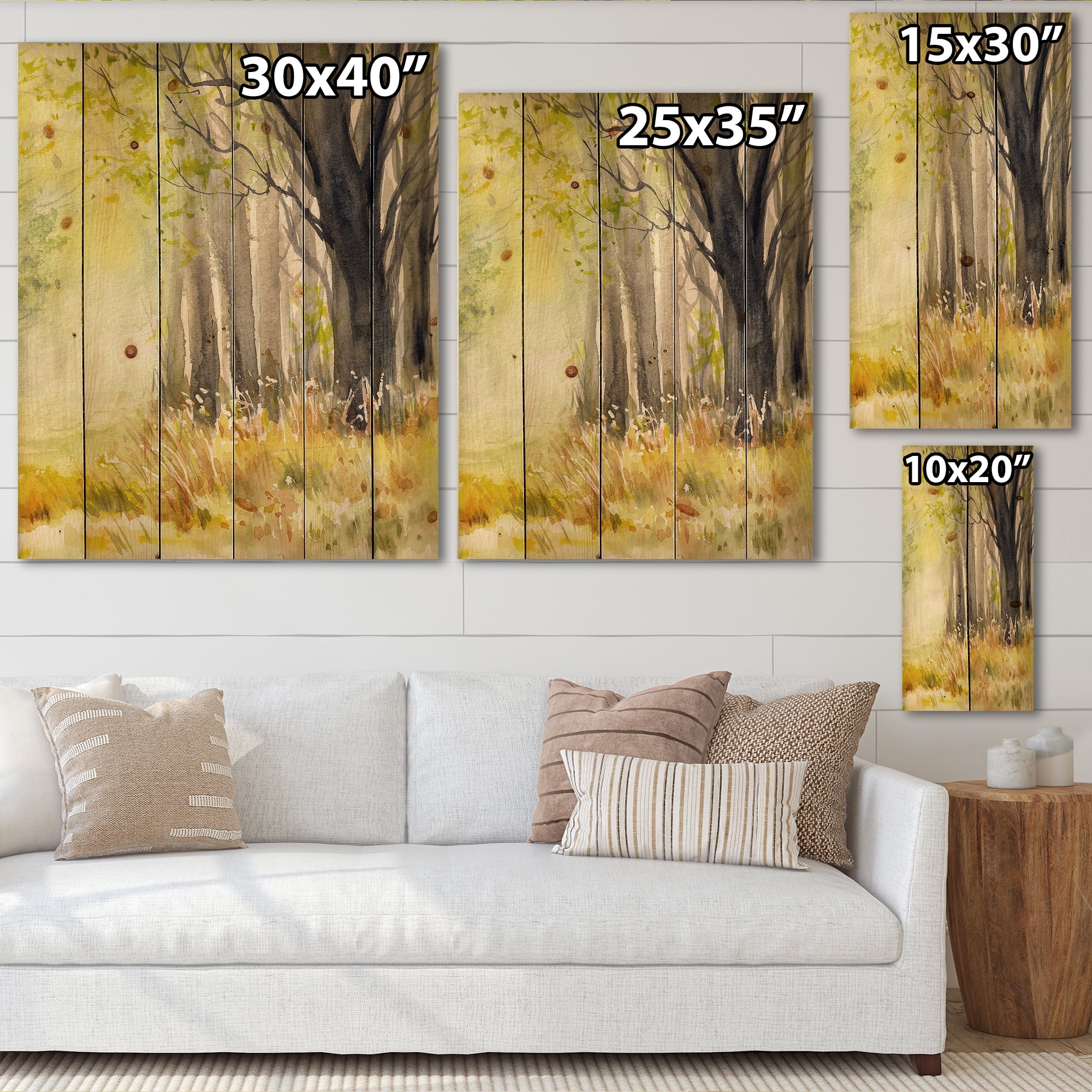 Designart 'Bright Sunshine Through The Yellow Forest Trees II' Traditional Print on Natural Pine Wood