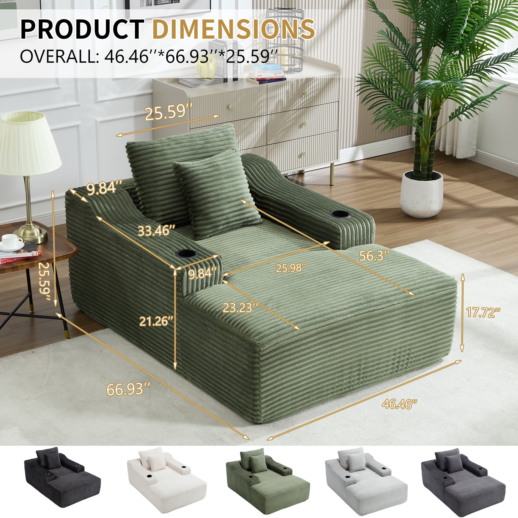 Leumius 67" Oversized Chaise Lounge Chair Indoor,Soft Boneless Cloud Couch with 2 Pillowsand 2 Cup Holders, Comfy Corduroy Sleeper Couch for Living Room Bedroom,No Assembly Required,Green
