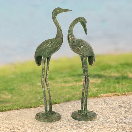 Bashful Crane Pair Antique Verdigris Green Metal Garden Sculpture