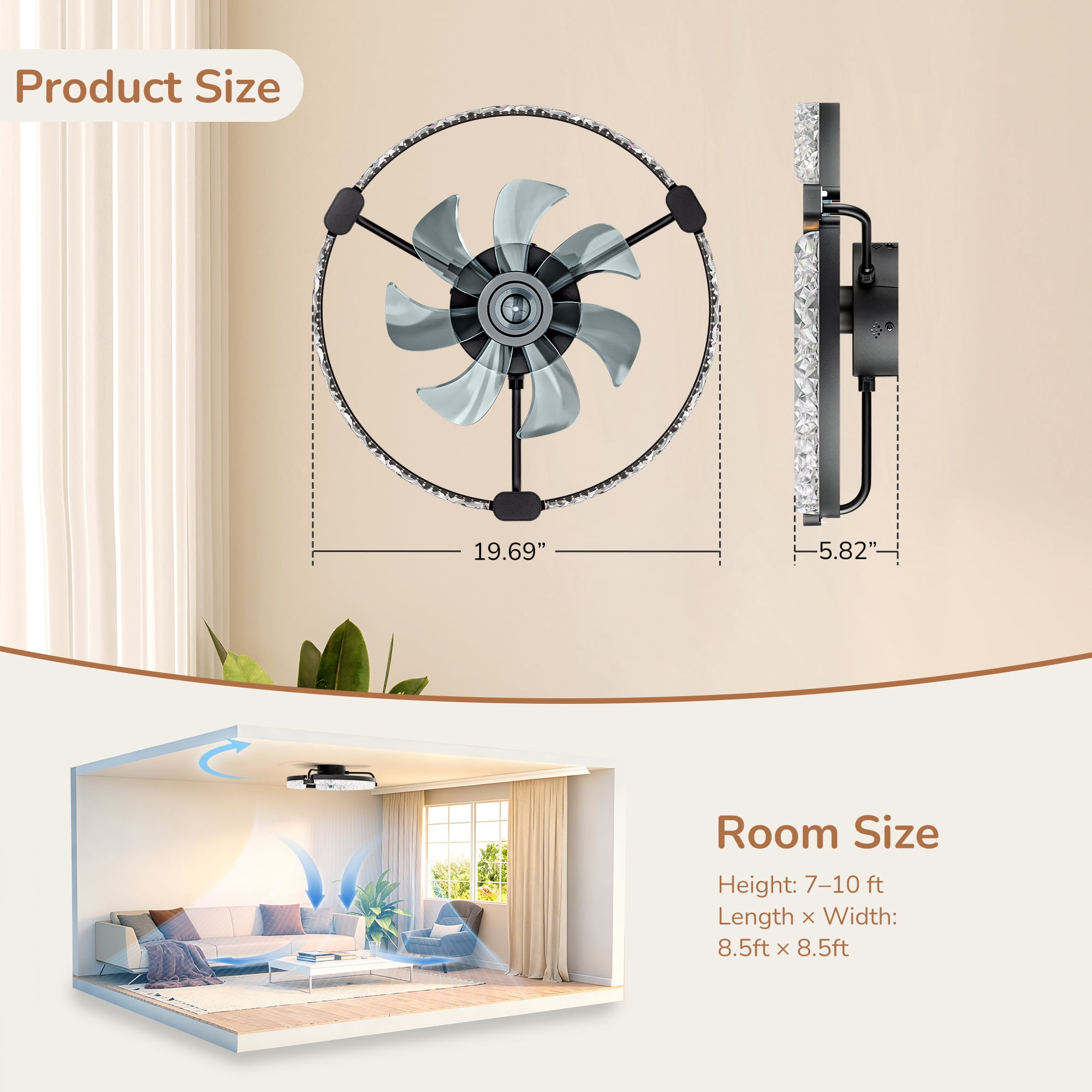 EDISHINE 20'' Low Profile Ceiling Fan with Light and Remote, Dimmable 3000K-6000K LED, 6 Speeds, DC Motor, APP Control, Modern Black Flush Mount Fandelier for Bedroom Kitchen