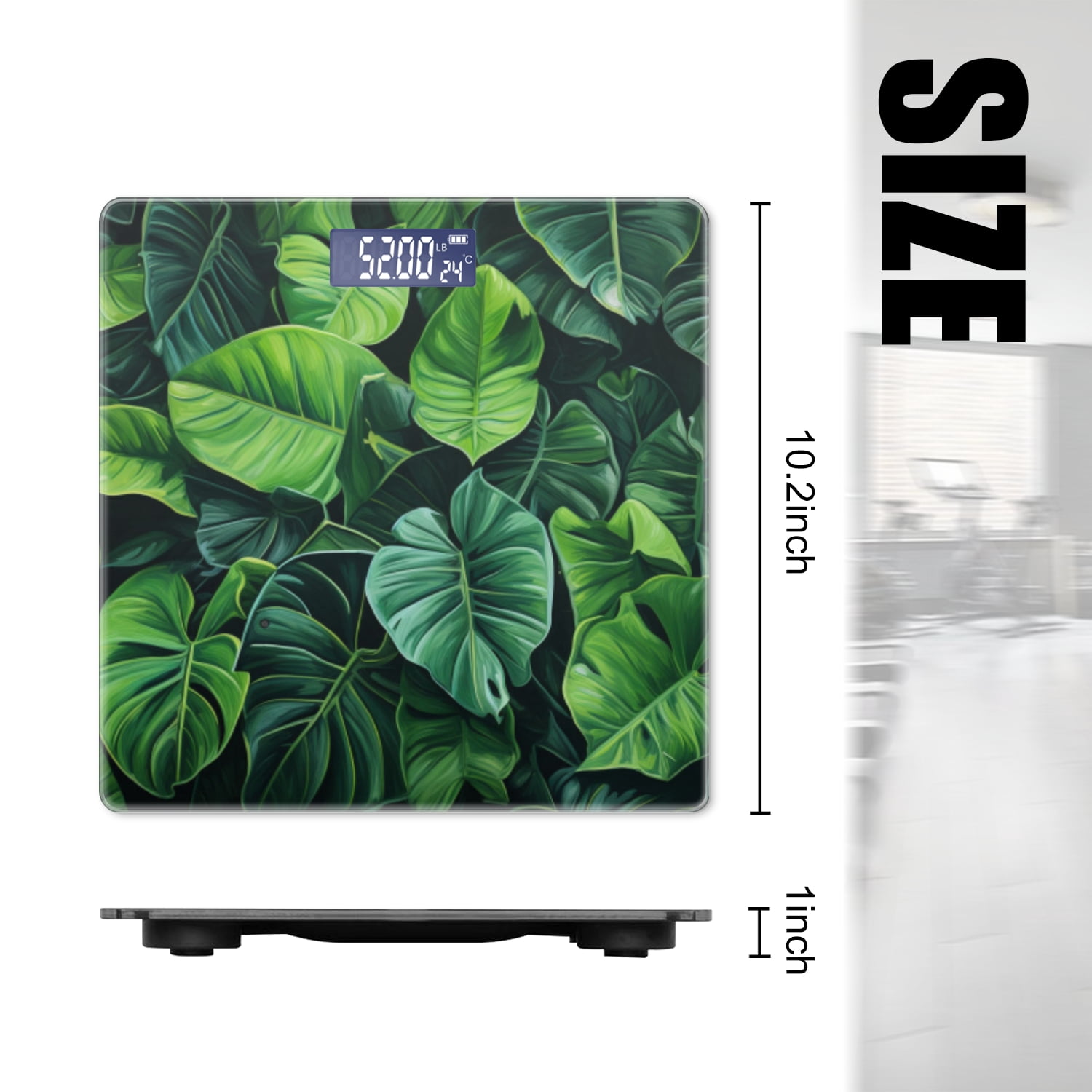 Bathroom Scale, Highly Accurate Digital Body Scale,Precisely Measures Weight up to 400 lbs-Green Monstera Leaves With Dark Background