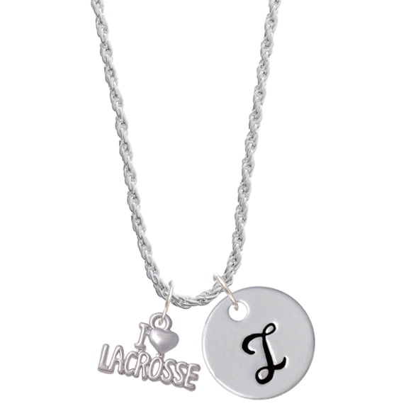 Delight Jewelry I 'Heart' Lacrosse Silvertone Script Initial Disc - I - Charm Necklace, 20"+3"