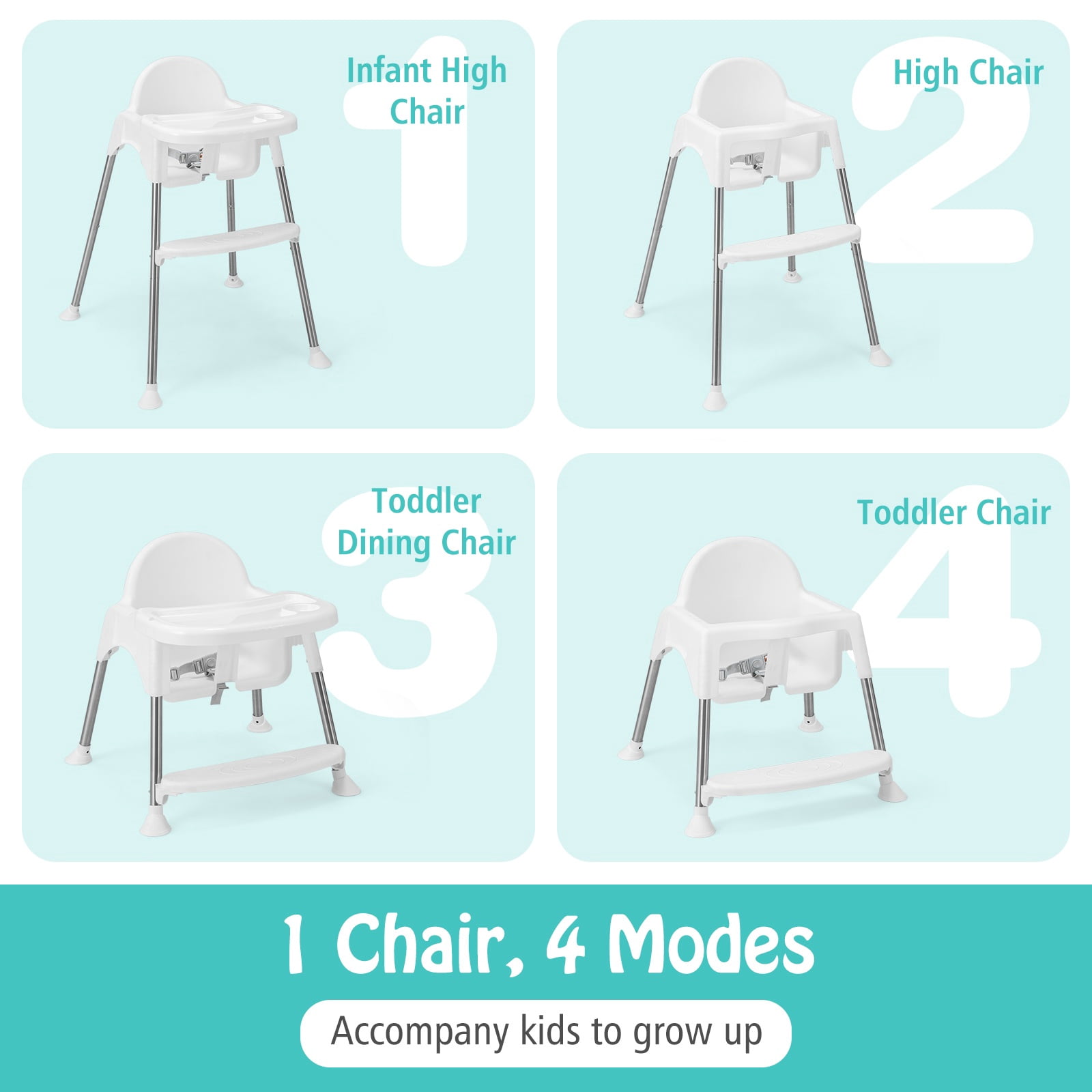 Infans 4-in-1 Convertible Baby High Chair Feeding w/ Removable Double Tray& Footrest
