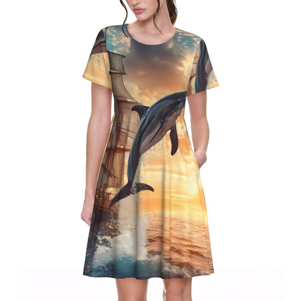Disketp Sailing Dancing Dolphin para Vestido de Manga Corta para Mujeres, Vestidos de Verano para Mujeres, Casual y Holgado para la Playa