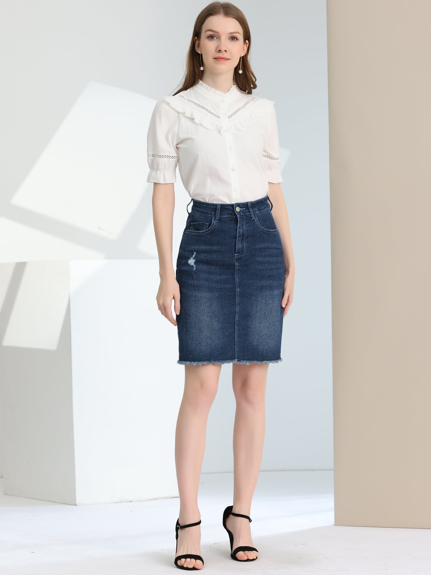 DARING DIVA Women's Ripped Hem Washed Jeans Denim Skirt XL Deep Blue