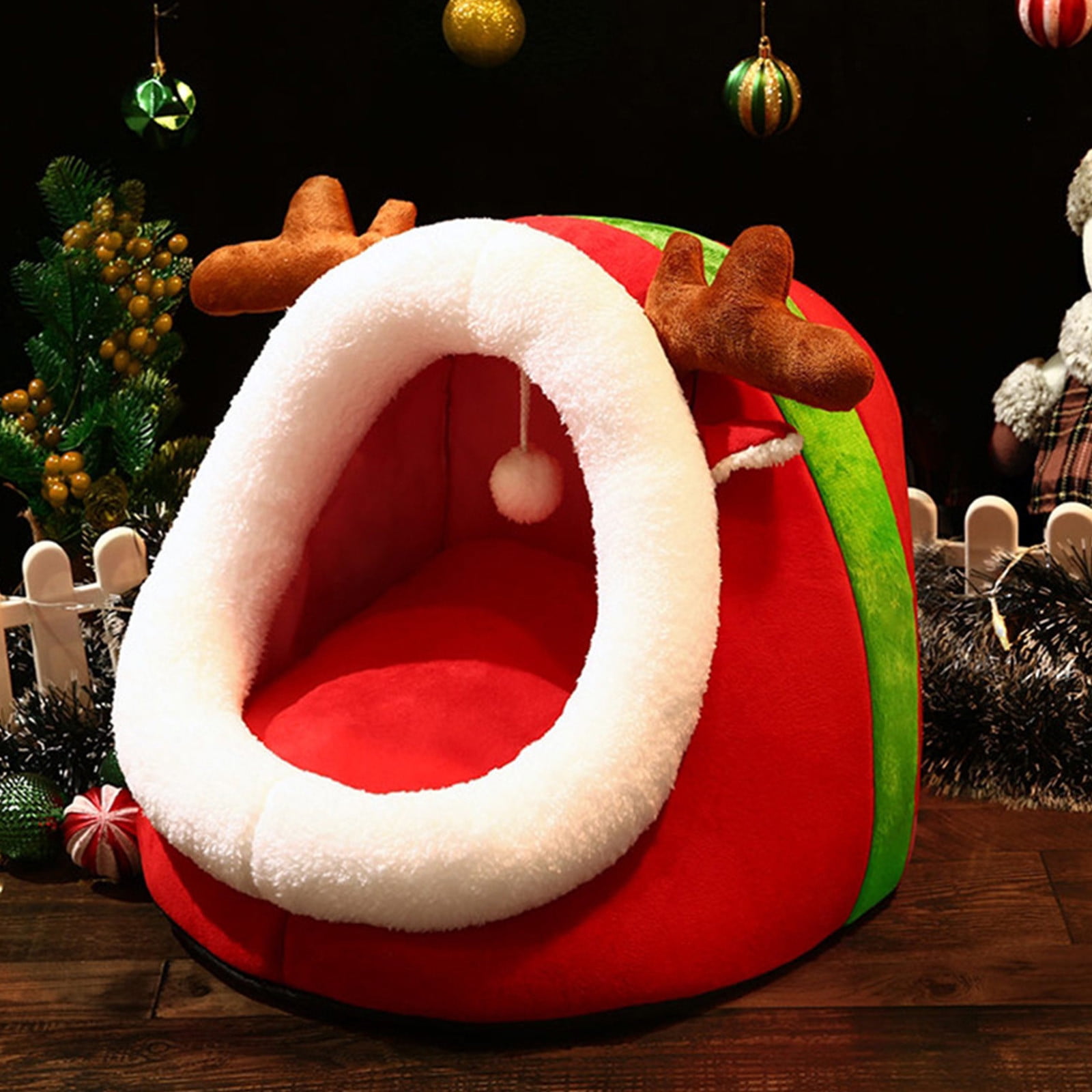 Hvmvliv Cats House Red Christmas Pet Bed Semi Enclosed Cats Bed Dogs Bed Removable Washable Dogs and Cats Bed Winter Warm Comfy Pet Bed for Sleeping 13.8x13.8x12.6in