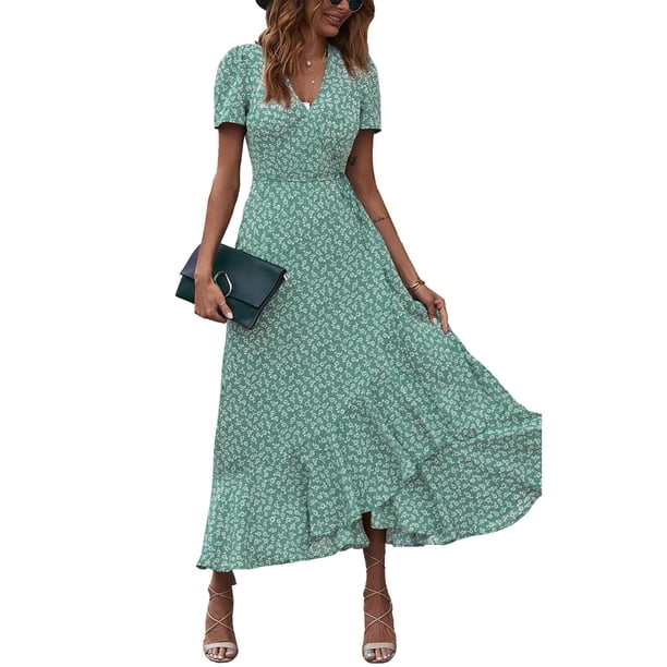 Vestido PRETTYGARDEN Maxi Cruzado Floral Cuello en V Manga Corta S