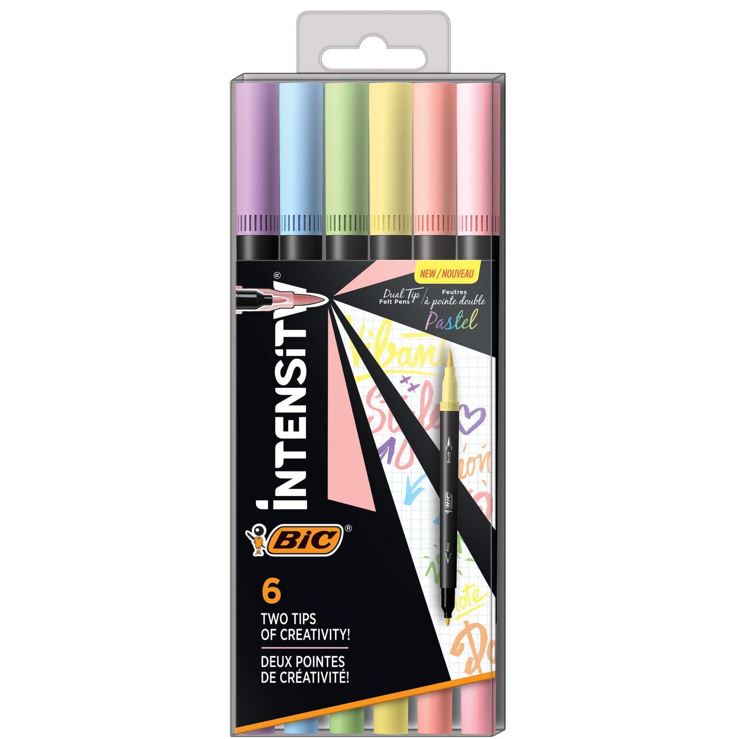 BIC Intensity Dual-Tip Colouring Felt Pens, (0.7 mm) Fine Tip and Flexible Brush in Assorted Pastel Tones, 6 Count