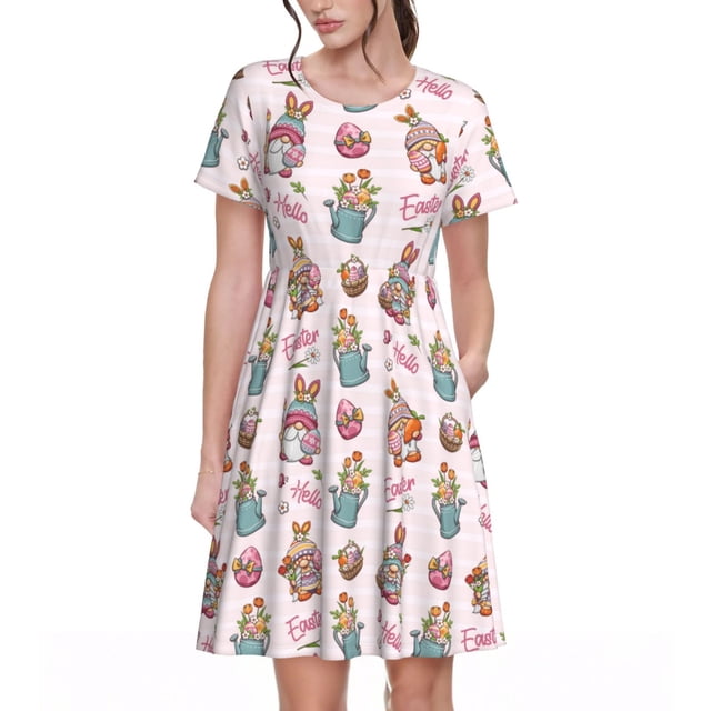 Bixox Robe d'Été à Manches Courtes pour Femmes Robe Ample Longueur Genou avec Poches-Hello Easter