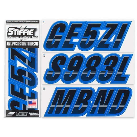 STIFFIE Techtron Black/Blue 3" Alpha-Numeric Identification Custom Kit Registration Numbers & Letters Marine Stickers Decals for Boats & Personal Watercraft PWC