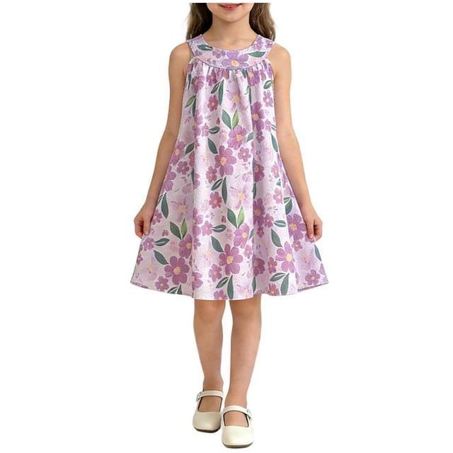 Vestido sin mangas con cuello redondo para niña, vestido estampado sin mangas de verano para niña, vestido de poliéster para niña
