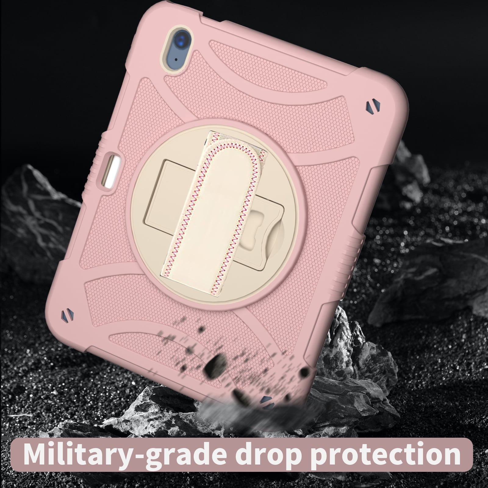 kids Case for iPad (A16) 11th Generation 11 Inch (2025), iPad 10th Generation 10.9 Inch (2022) Case, Military Grade Drop Protection with Hand/Shoulder Strap Rotating Stand Pencil Holder, Rosegold