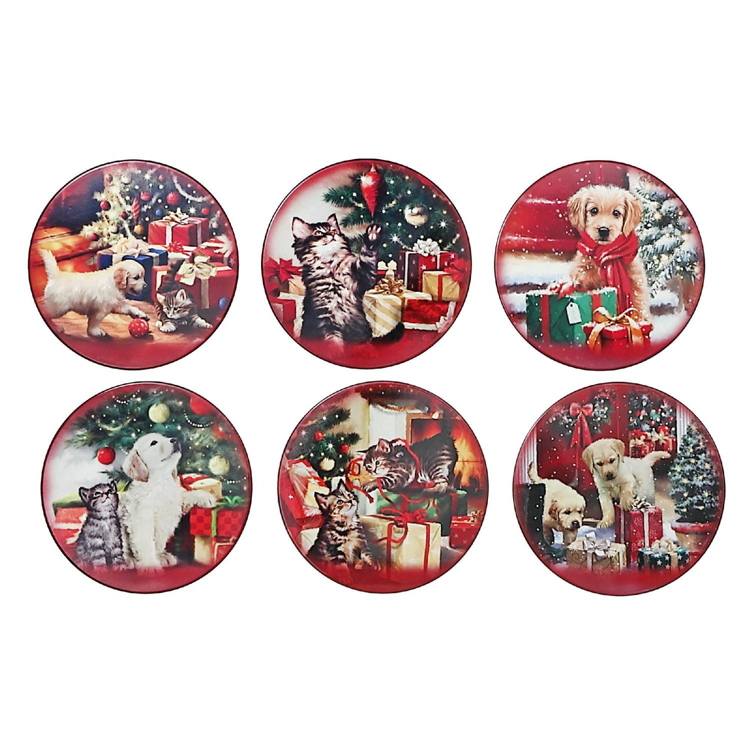 Christmas 8" Round Ceramic Trivet Pets With Gifts - Set of 6