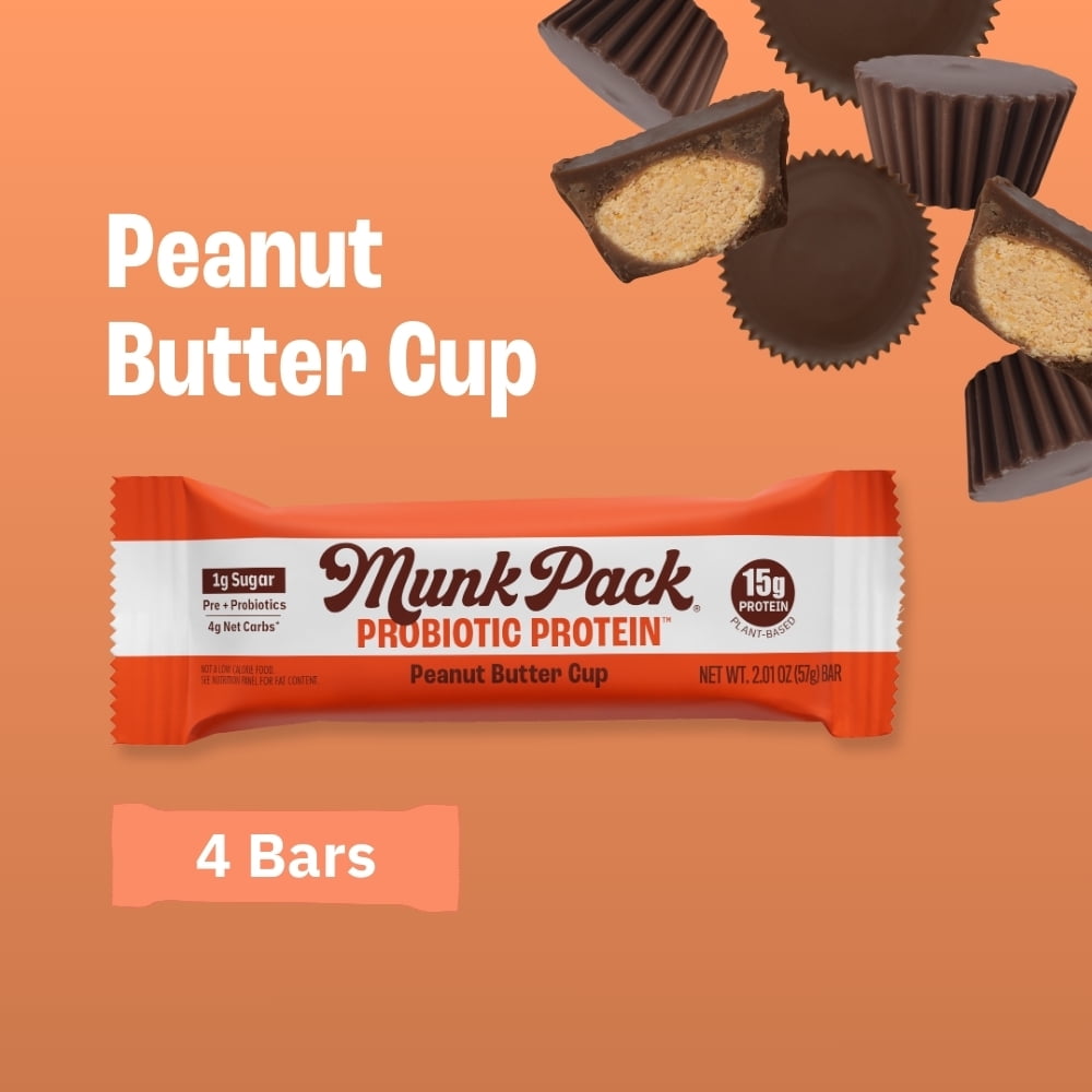 MUNK PACK Probiotic Protein™ Bars - Peanut Butter Chocolate - 15g Protein - Low Sugar - High-Fiber Vegan Snacks - 4 Count Box