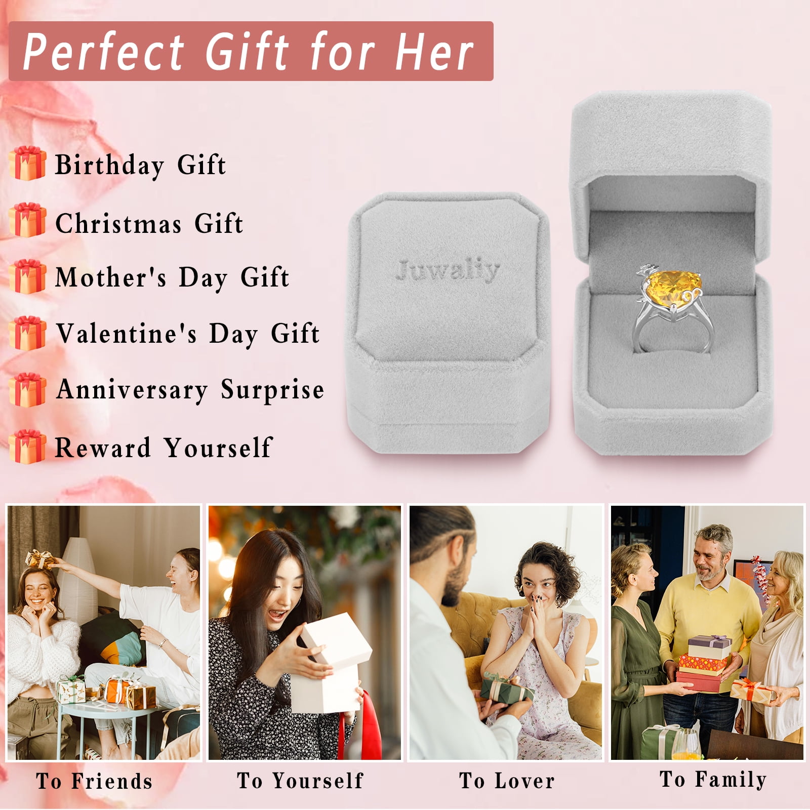 Juwaliy 9Ct Women Heart Ring 925 Sterling Silver Rose Flower July Birthstone Ruby Red Solitaire Ring Jewelry Mother Birthday Valentine's Day Gift