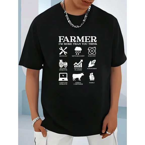 Funny Farmer Graphic Tee Men's Short Sleeve T-Shirt Agriculture Farming Life Gift Retro Black Top