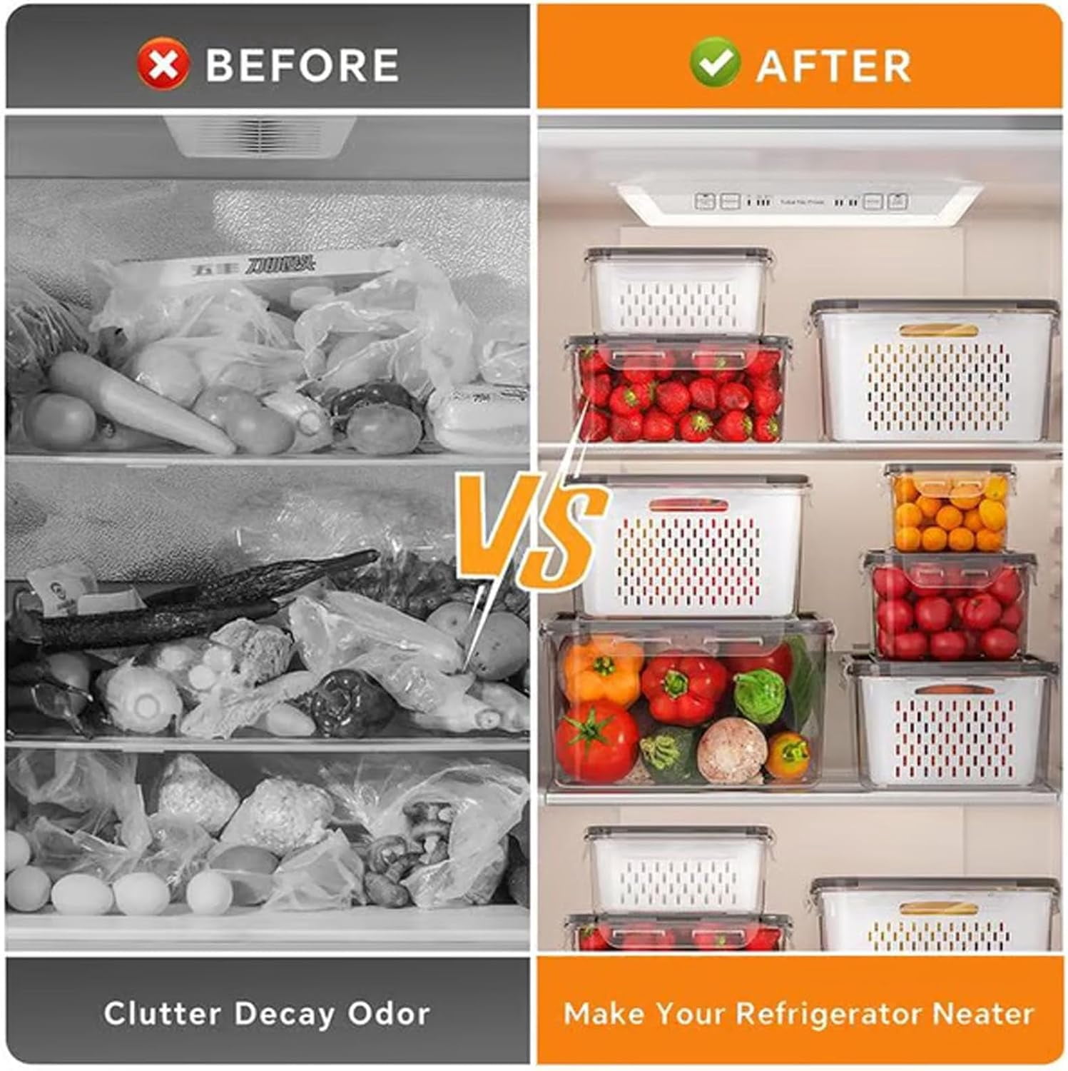 4-in-1 Fruit Storage Containers for Fridge, Transparent Plastic Food Box with Removable Drain Basket, Airtight Produce Keeper for Vegetables & Berries