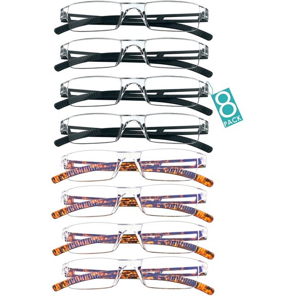 8 Pairs Reading Glasses, Blue Light Blocking Glasses, Computer Reading Glasses for Women and Men, Fashion Square Eyewear Frame (4black 4tortoise, 2.00 Magnification)