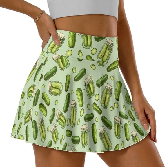 FUIALDOLG Green Pickle Golf Skorts for Women Lady High Waisted Athletic Skort Activewear Soft Green Cucumber Pattern Tennis Skirts with Shorts Summer Casual Mini Skirts Spring Break Outfits,S