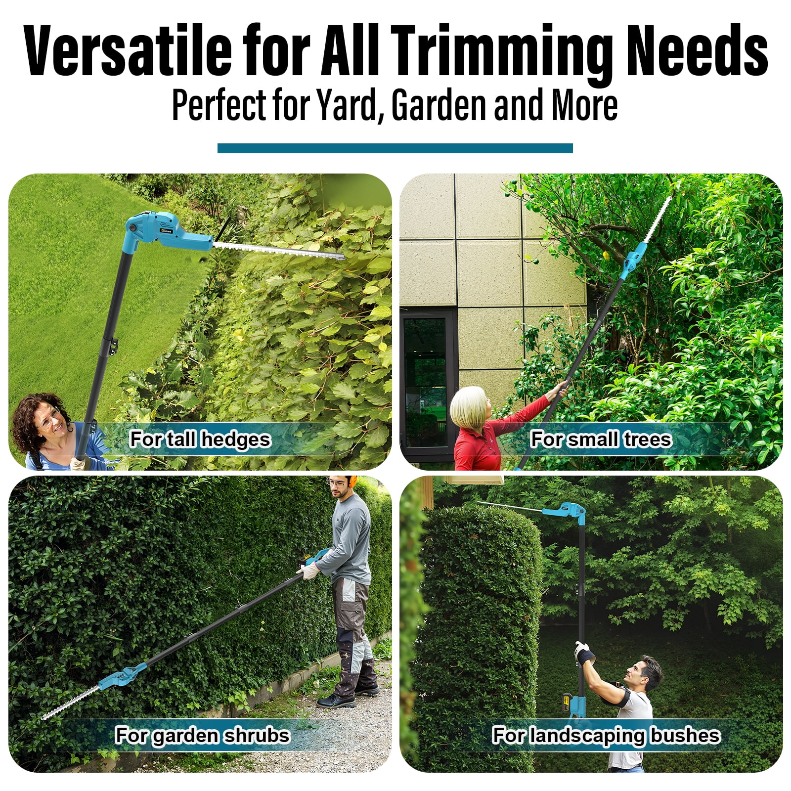 Gisam 21V MAX Brushless Pole Hedge Trimmer Cordless, 20.5" Dual-Action Blade, 180° Adjustable Head Electric Bush Trimmer, 2×4000mAh Batteries, up to 14.9FT Reach Battery Powered Hedge Trimmers for Sh