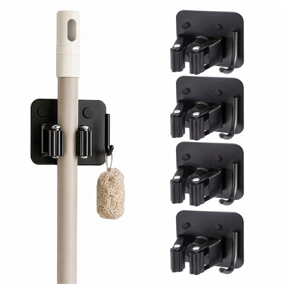 Mop Broom Holder No Drill, Mop Broom Organizer Wall Mounted Heavy Duty with Hooks Hanger, Self Adhesive Stainless Steel 4Pcs for Bathroom, Kitchen, Office (Black)