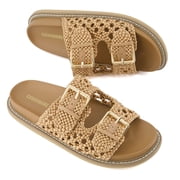 Cushionaire Weaver Summer Sandals for Women - Shiny Raffia Woven Slip On Womens Slides with Adjustable Buckle