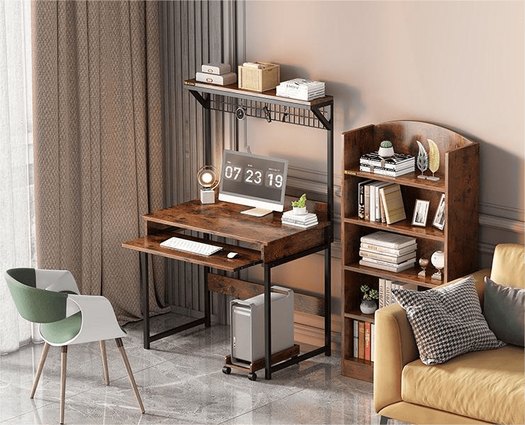 MIN EN WIN Retro Computer Desk with Storage Shelf and Keyboard Tray, Industrial Style Gaming Desk for Home Office, Rustic Brown