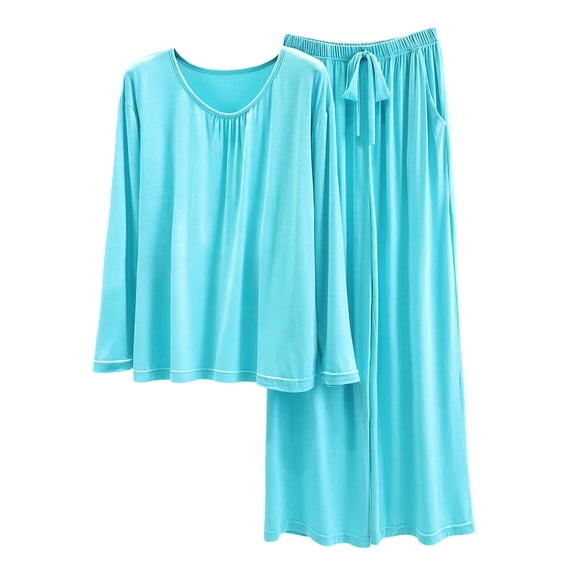 Tnhcen Women's Summer Lightweight Solid Color Modal Cotton Polyester Long Sleeve Long Pants Pajama Set Elastic Waist Drawstring Breathable Comfortable Loungewear