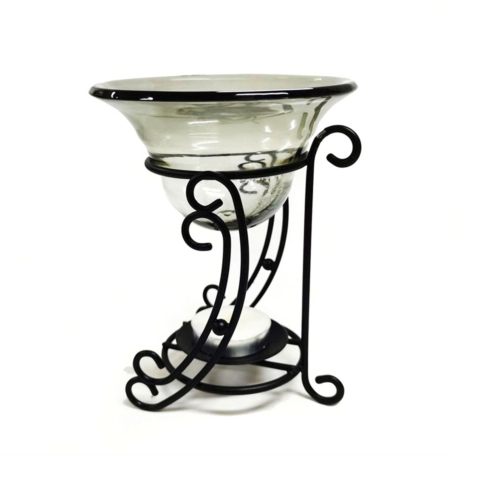 Oil burner curved scroll black metal glass gift present tea light candle and Oil 