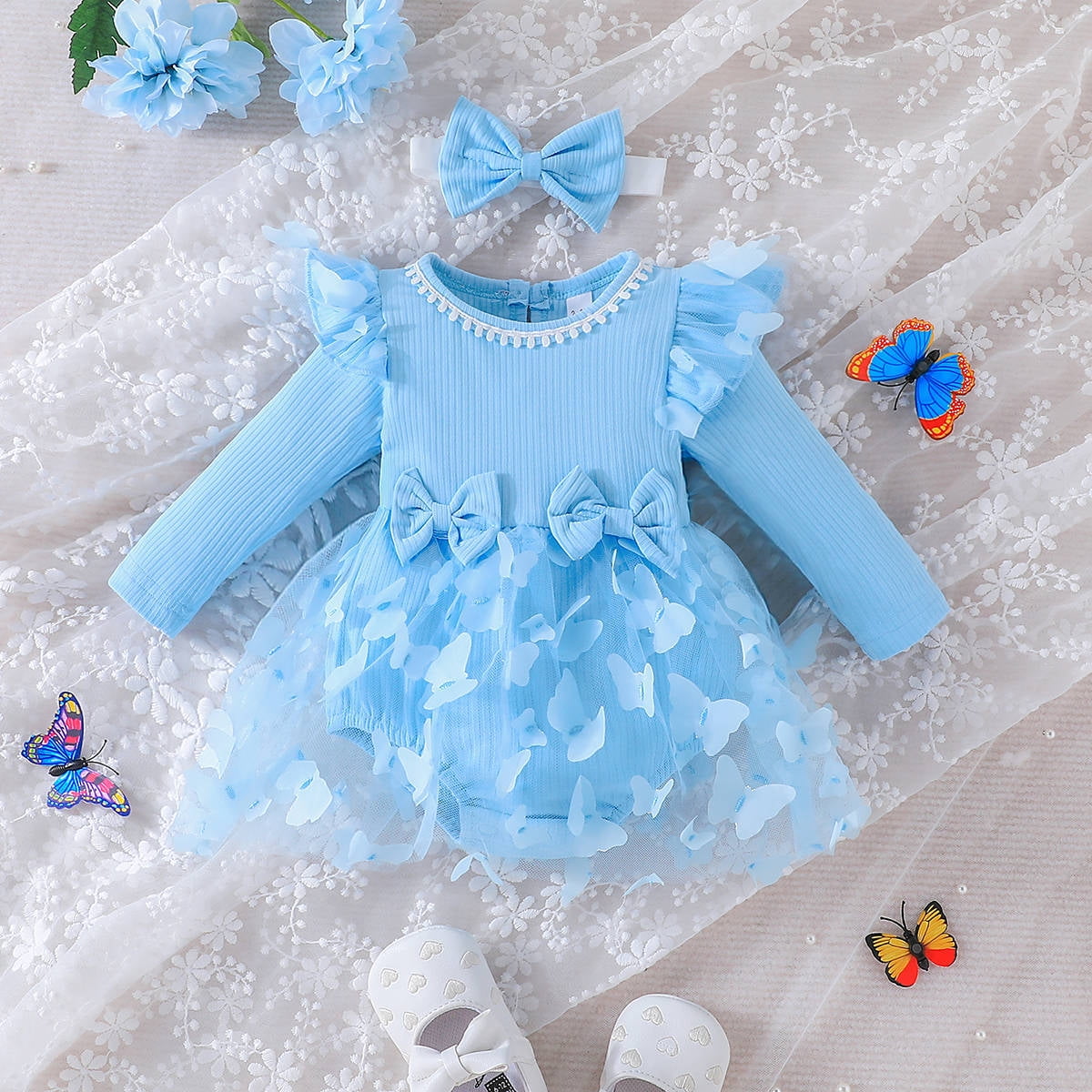 IBTOM CASTLE Newborn Baby Girls Butterfly Tutu Dress Long Sleeve Romper Tutu Skirt + Headband 2PCS Winter Fall Clothes 0-3 Months Blue