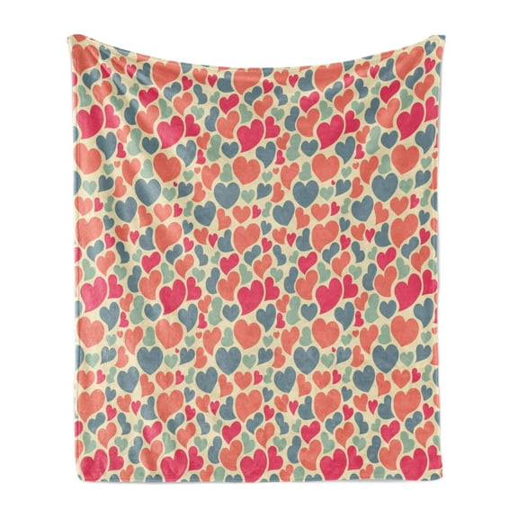 Love Soft Flannel Fleece Throw Blanket, Rhythmic Colorful Abstract Hearts Pattern on Muted Tones Backdrop, Cozy Plush for Indoor and Outdoor Use, 50" x 70", Champagne Coral, by Ambesonne
