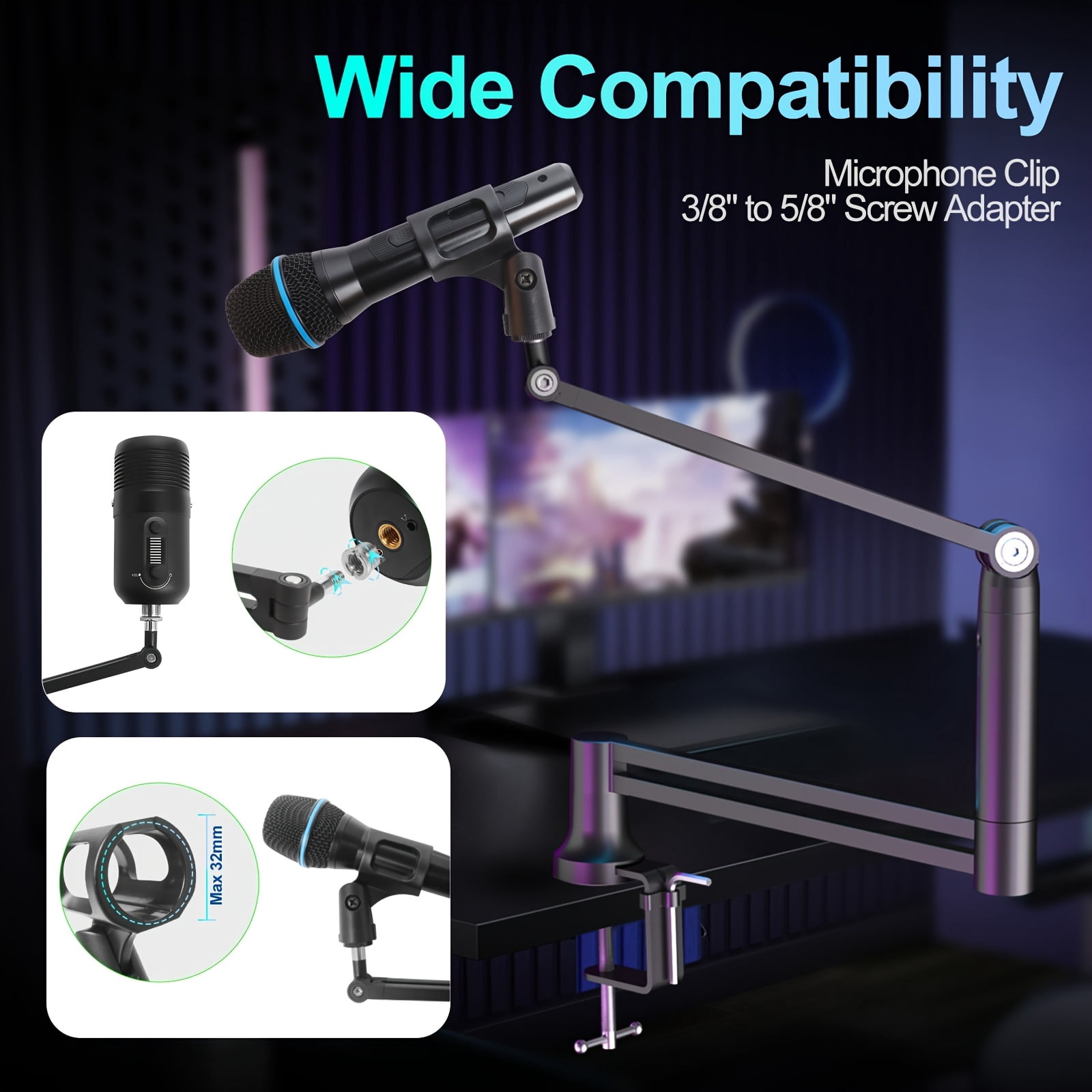 Boom Arm, 360 Degree Rotatable Microphone Stand with Desk Mount, Foldable Desk Mic Arm with 3/8 Inch to 5/8 Inch Screw Adapter, Microphone Arm for Live Streaming, Gaming, Podcasting, Radio