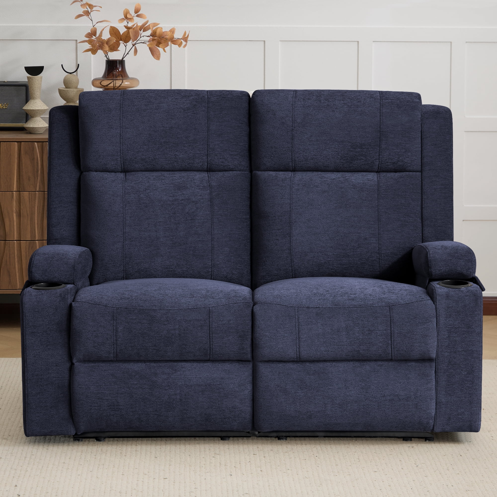 Chenille Reclining Couch, Manual Reclining Loveseat with Cup Holders, Wide Seat, Spill-Resistant Fabric, Easy Assembly, for Living Room/Apartment/RV Recliner Sofa