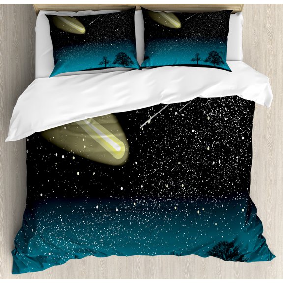 Galaxy Duvet Cover Set King Size, Shooting Stars in Dark Sky at Night with Silhouette of Lonely Naked Tree, Decorative 3 Piece Bedding Set with 2 Pillow Shams, Petrol Blue and Teal, by Ambesonne