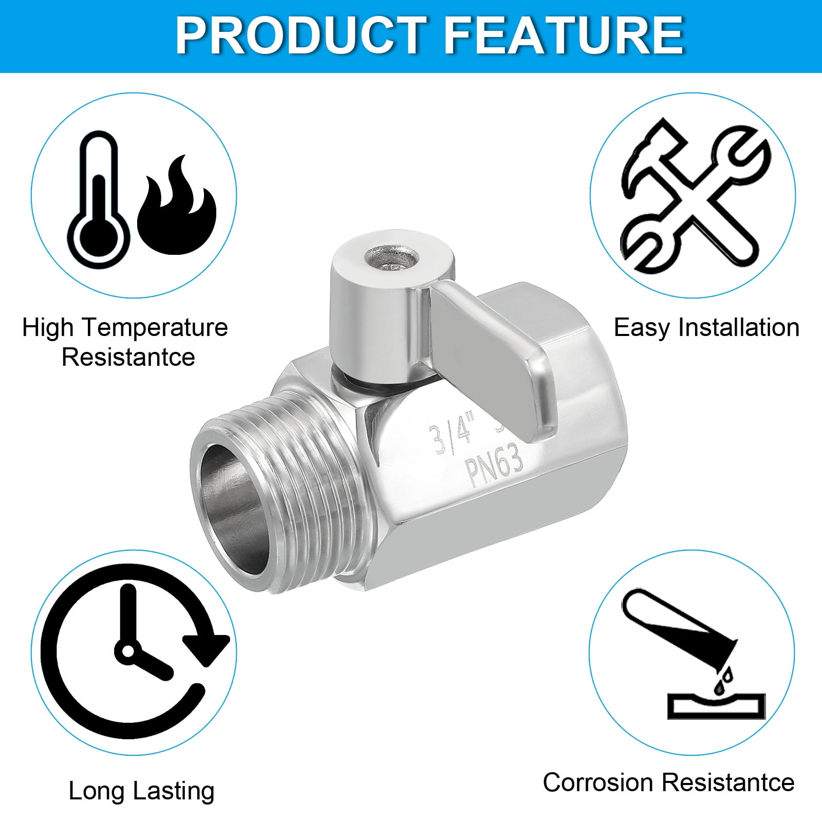 3/4" GHT Garden Hose Shutoff Valve, Stainless Steel Water Hose Quick Connect Fittings for Garden Use, Large Areas, Sports Ground, Silver