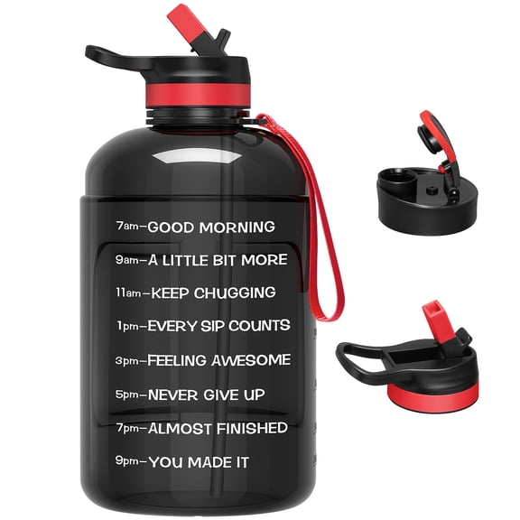 GEDUX 64oz Half Gallon Motivational Water Bottle with 2 Lids (Chug and Straw), BPA Free Sports Drink Water Jug with Time Marker for Camping Sports Workouts and Outdoor Activity