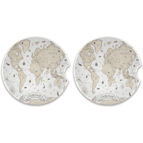 GZHJMY Absorbent Car Coasters 2 Pack for Cup Holders, 2.5" Ceramic Stone Cork Base Drink Coasters, Vintage World Map