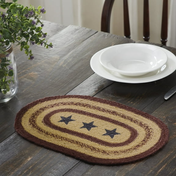 VHC Brands Potomac, Dining Table Placemat, Braided Jute, Oval, Stars, Red Blue Tan, 10x15