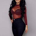 thumbnail image 5 of Women'S Ultra-Thin Mesh Elastic Tight Long Sleeve Half- Bottoming Shirt Sheer Tops Wine Red S, 5 of 6