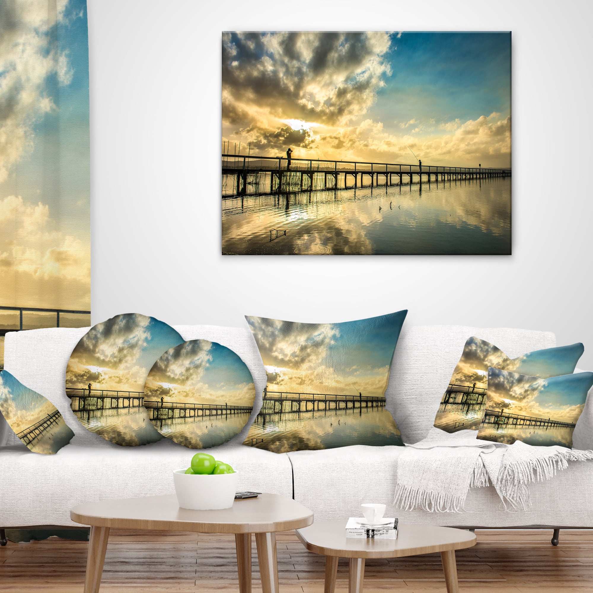 Designart Long Jetty Foreshore Reserve with Clouds - Sea Bridge Throw Pillow - 16x16