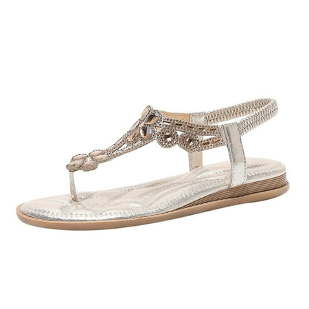

Pgeraug womens slippers Sandals For Women Elastic Ankle Strap Casual Bohemian Beach Shoes Fashion Floral Casual Shoes Open Toe Wedges Sandals Flip Flops mens slippers Gold 39