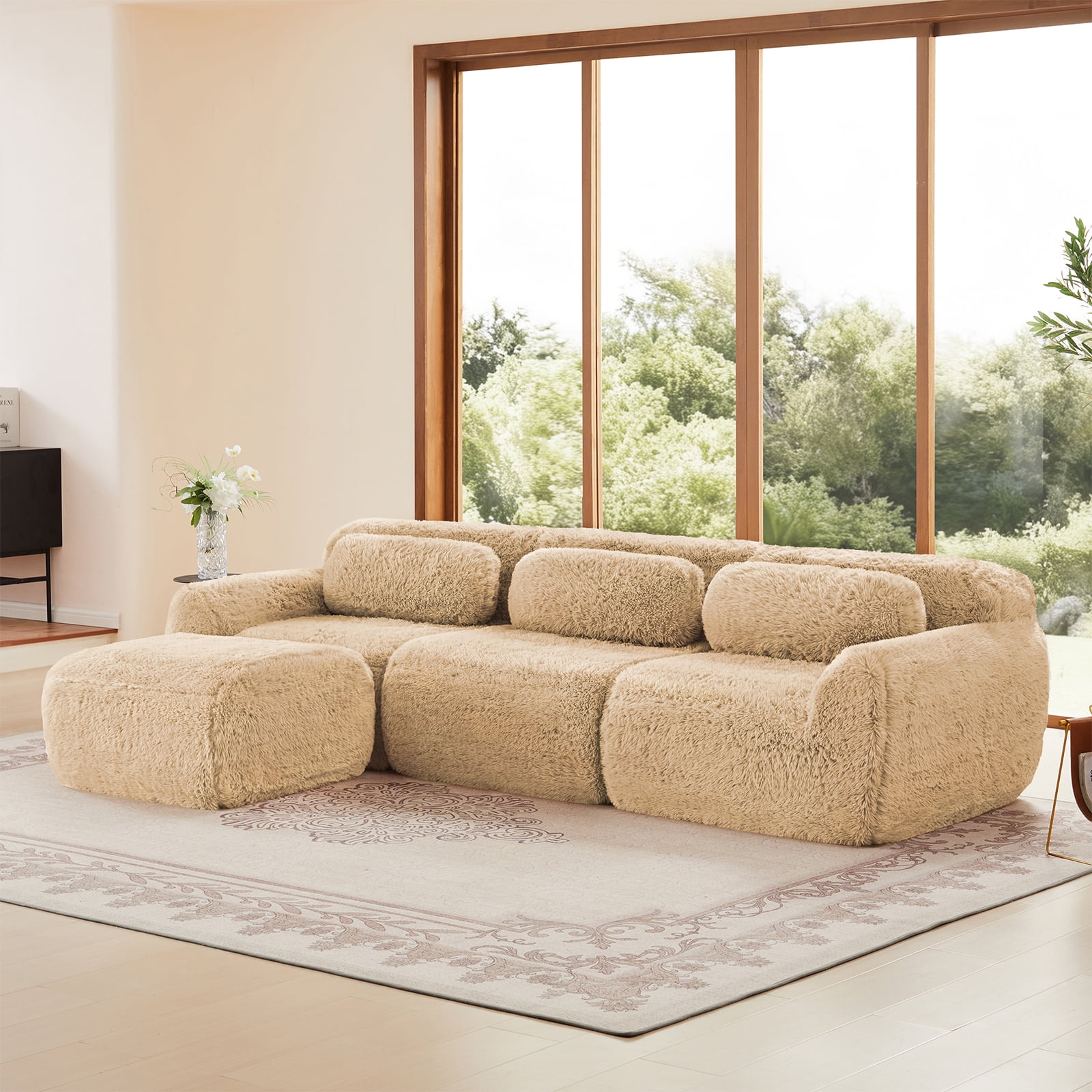 ZenNook Plush Cloud Ottoman for Modular Sectional, Comfy Compressed Footrest Stool, Fluffy Boneless Floor Ottoman for Living Room, Soft Plush Cushion Seat, No Assembly (Camel)