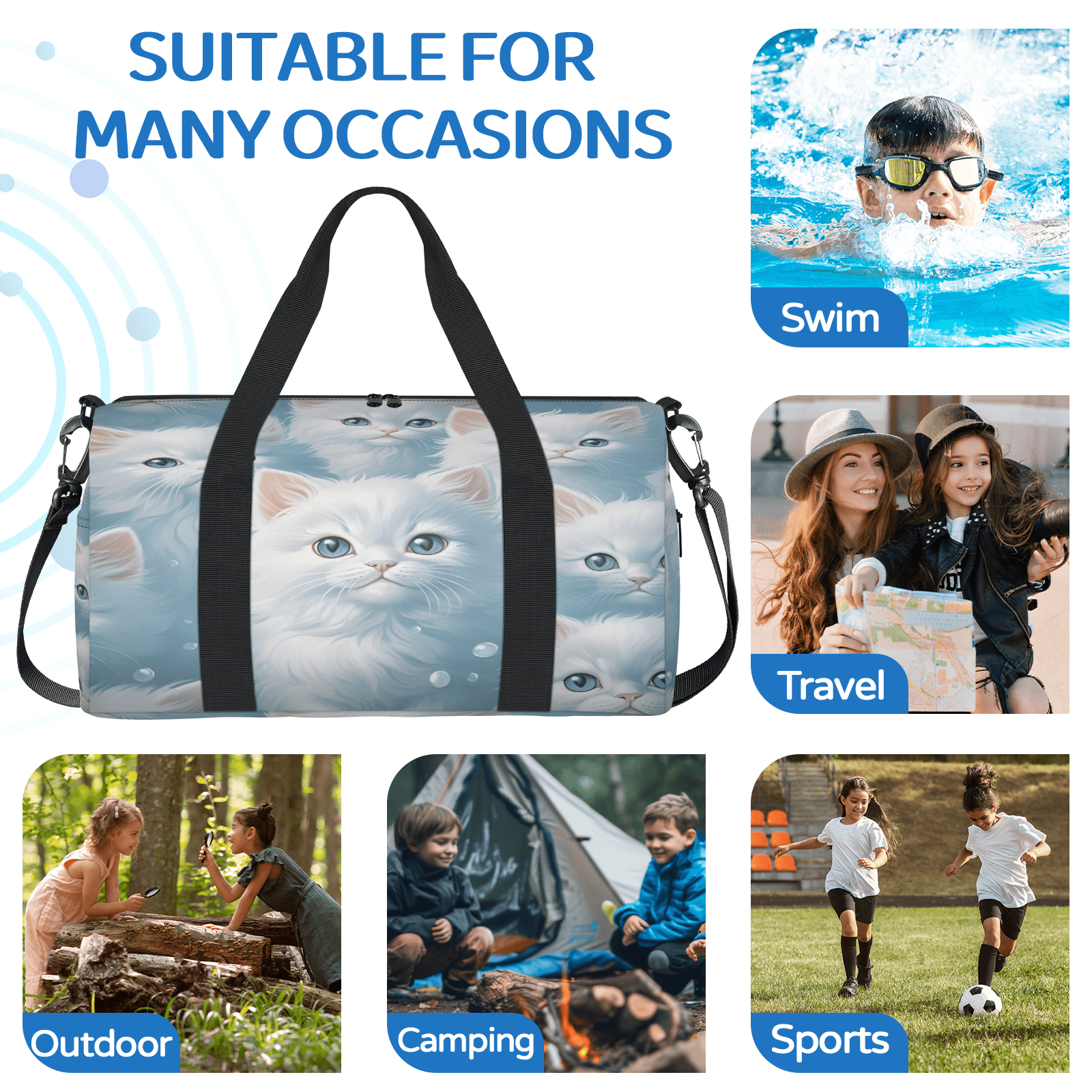 Herdesigns Cat Gym Bag for Women, Duffle Bag for Travel Sport, Cute Cat Lightweight Waterproof Carry on Weekender Dance Yoga Workout Bags