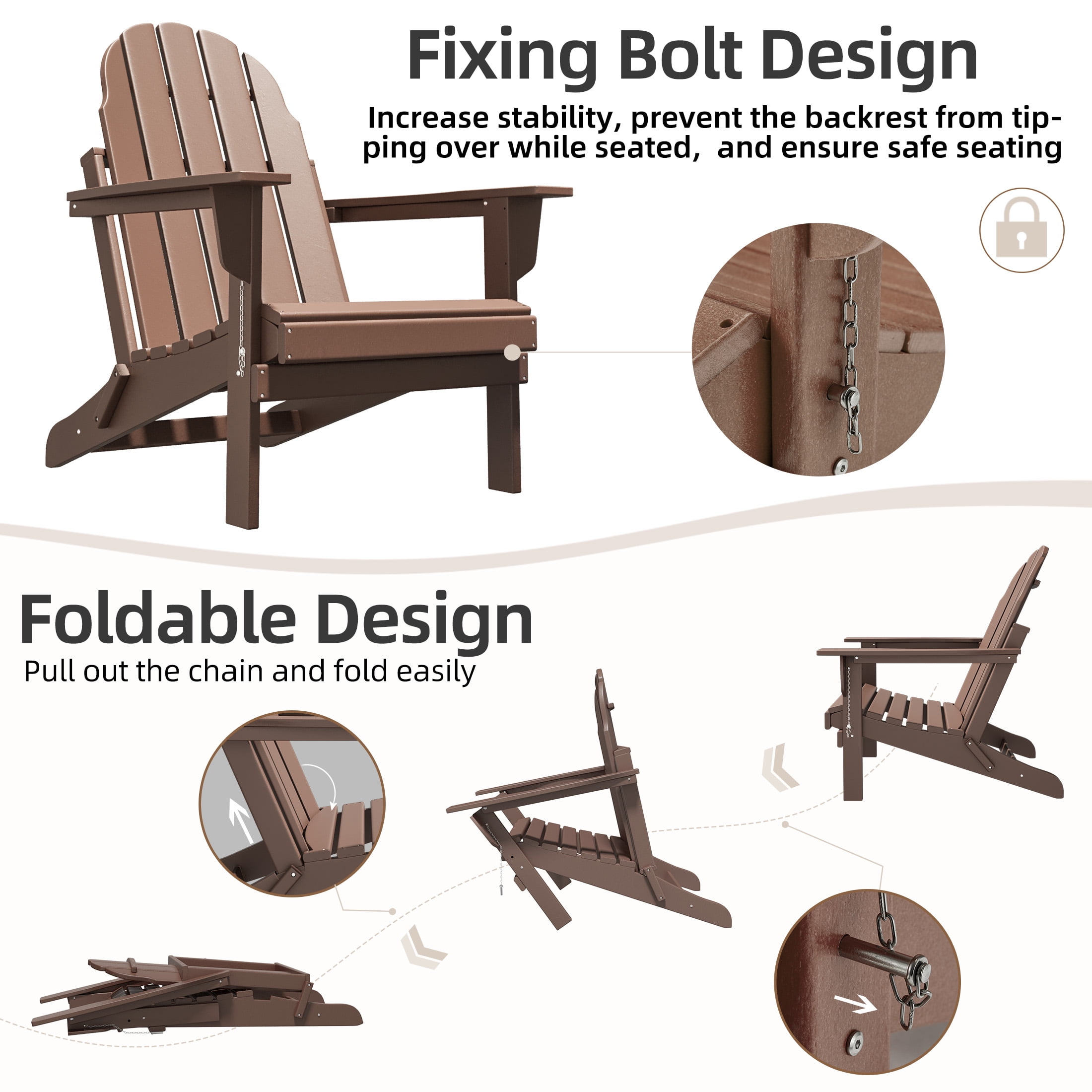 Erinnyees All-Weather Adirondack Chair,Folding Adirondack Outdoor Chair with Wooden Textured for Patio,Garden,Backyard and Lawn,Teak