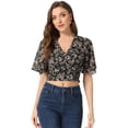 thumbnail image 1 of Blusas cortas con volantes florales de manga corta con cuello en V para mujer Negro XS, 1 of 6