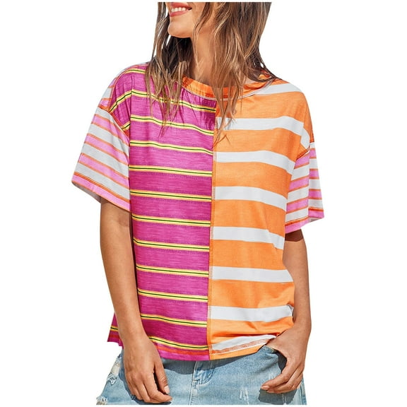 Erwazi Women's Casual Colorblock Striped Short Sleeve Tops Crew Neck Cropped T Shirts