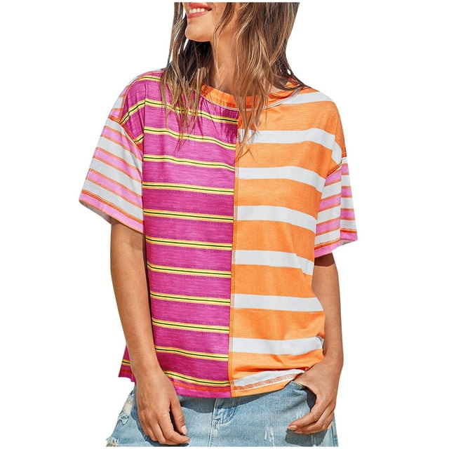Jamicy Hauts à Manches Courtes pour Femmes Cadeau pour Épouses Chemises d'Été Rayées Décontractées à Manches Courtes Coupe Ample Col Rond