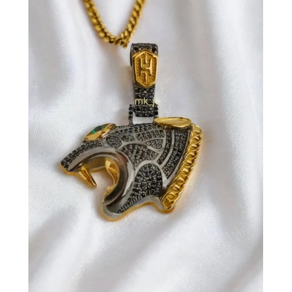 14K Gold Plated Silver Black Panther Head Pendant with 1.57Ct Moissanite